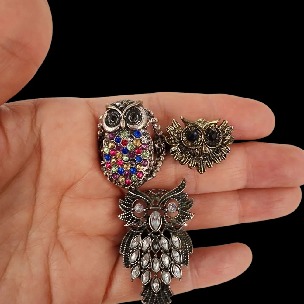 Bundle of 3 Owl Rings Antique Silver And Brass Tone With Rhinestones - Picture 5 of 15